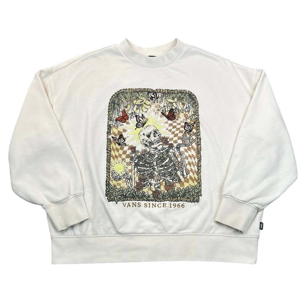 Vans Skeleton Butterfly Floral Checkerboard Graphic Crewneck Sweatshirt Cream M
